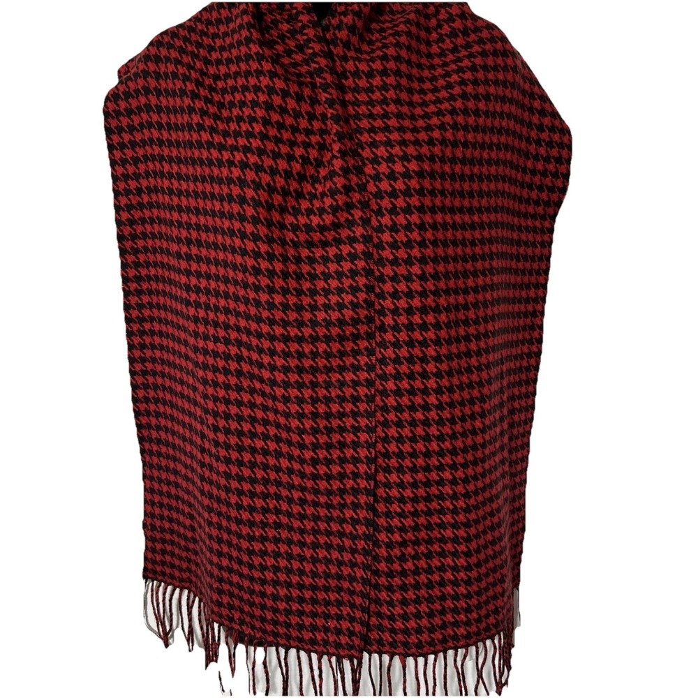 Red Black Houndstooth Check Plaid 64" Winter Wrap Scarf Viscose Cashmere Blend - Picture 3 of 6